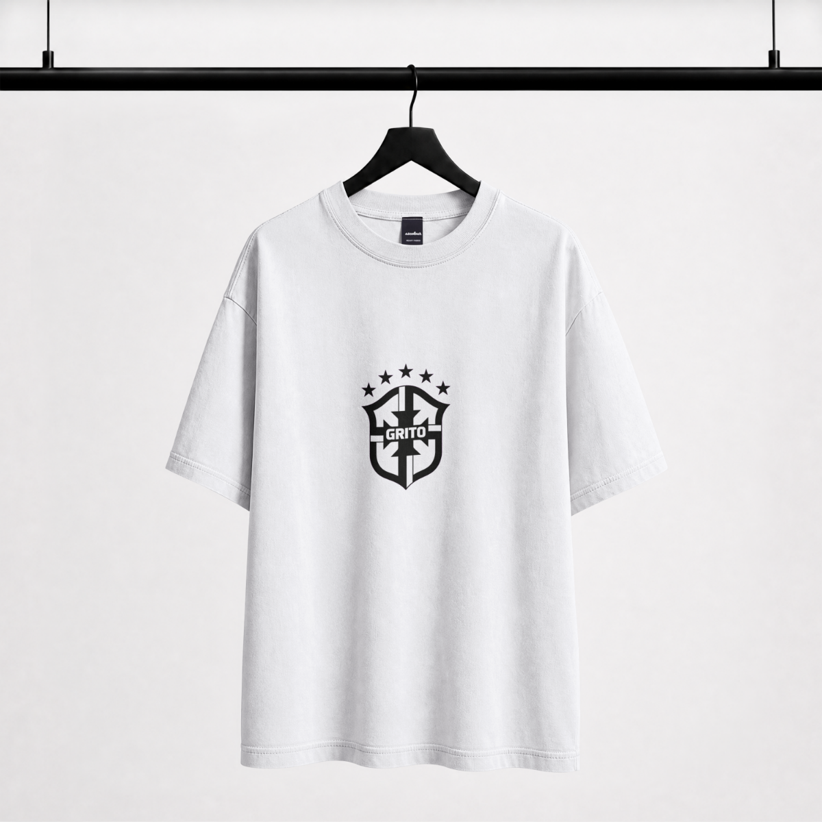 NJR Brasil white tee — front with GRITO crest chest print