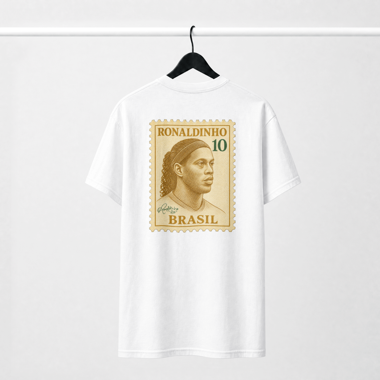 R10 Brasil white tee — back with Ronaldinho gold postage-stamp print