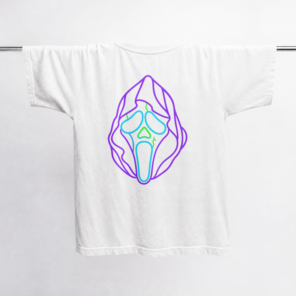 GRITO Violet Scream Tee in white — neon back print