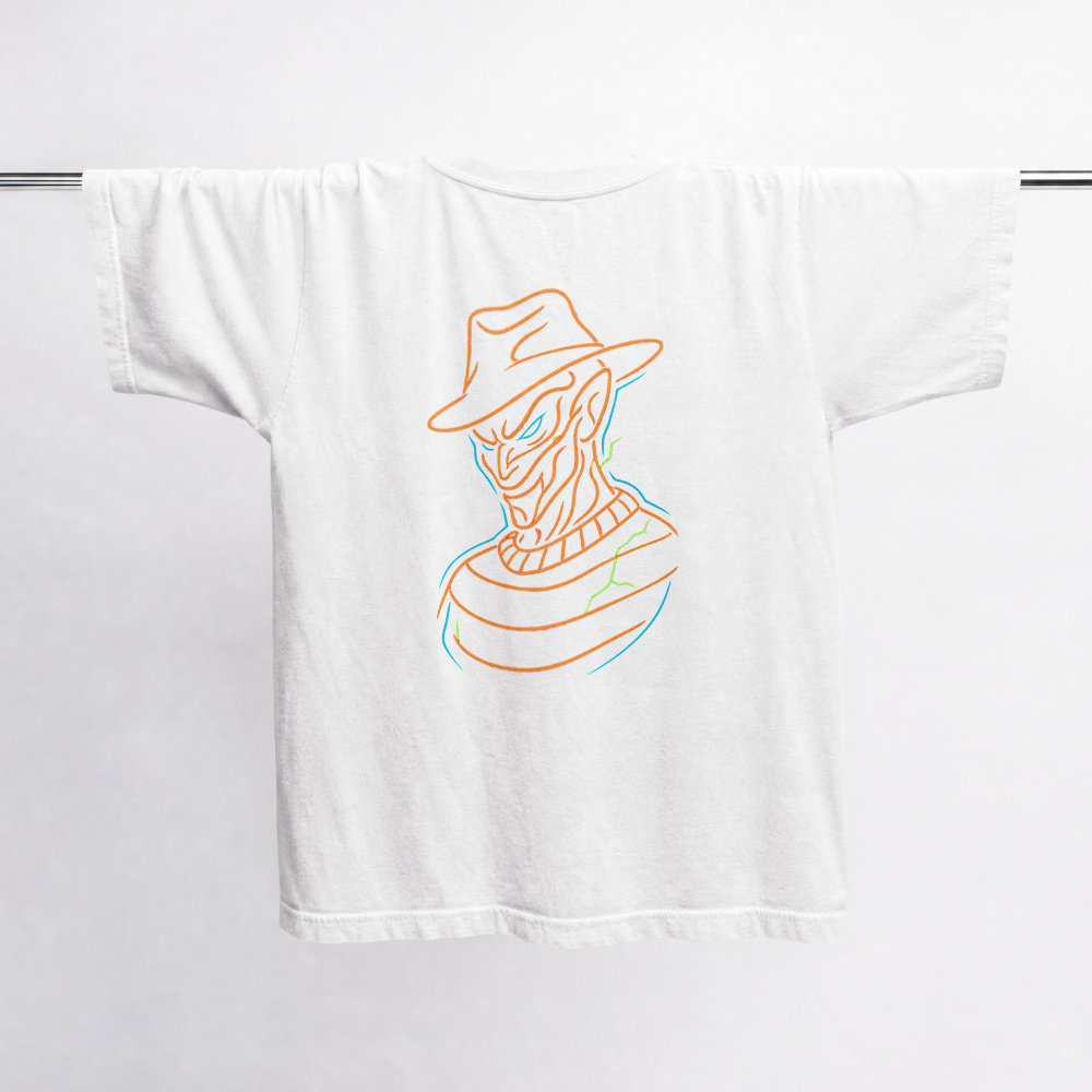 GRITO Dream Stalker Tee in white — neon back print
