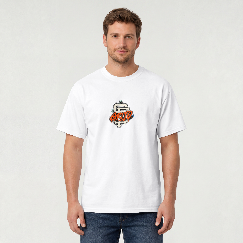 SF Graffiti white tee — front with small graffiti G chest logo
