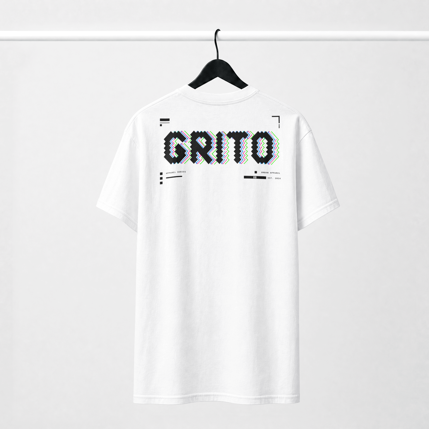 GRITO Glitch Tee in white — oversized back print