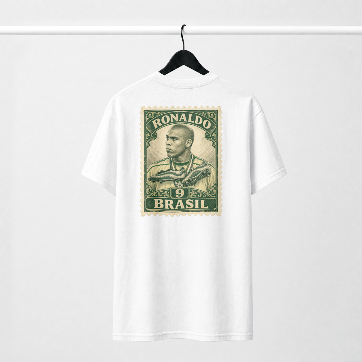 R9 Brasil white tee — back with Ronaldo Fenômeno postage-stamp print