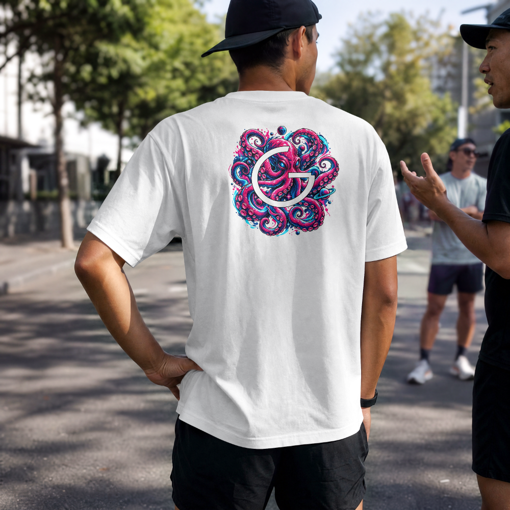GRITO Octopus Tee in white — full-color octopus G back print