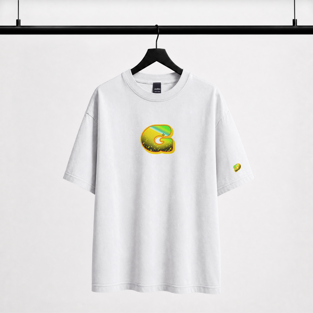 GRITO Acid Moon Tee in white — holographic G chest print