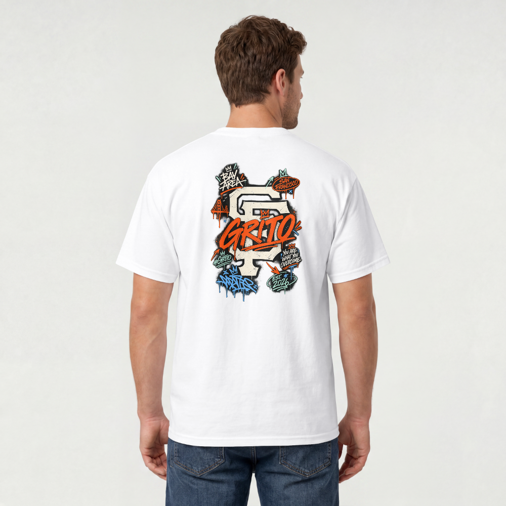SF Graffiti white tee — back with GRITO graffiti Bay Area print