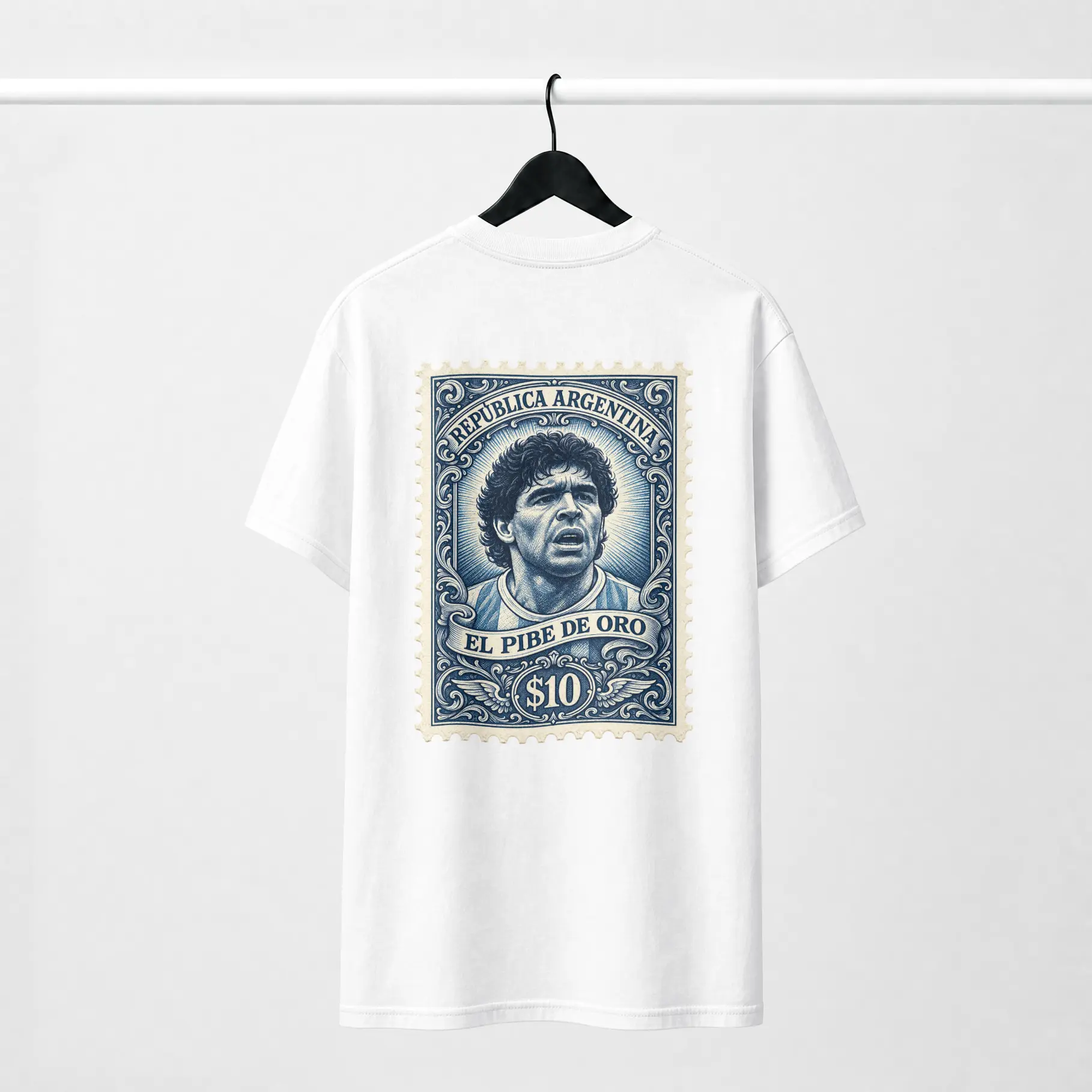 D10S Argentina white tee — back with Maradona El Pibe de Oro stamp print